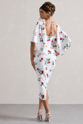 Rose Print Cape-Sleeve Midi Dress
